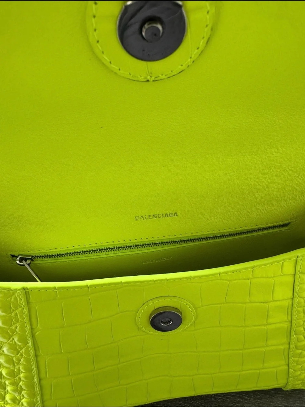 Balenciaga Neon Green Croc-Embossed Letter B Shoulder Bag